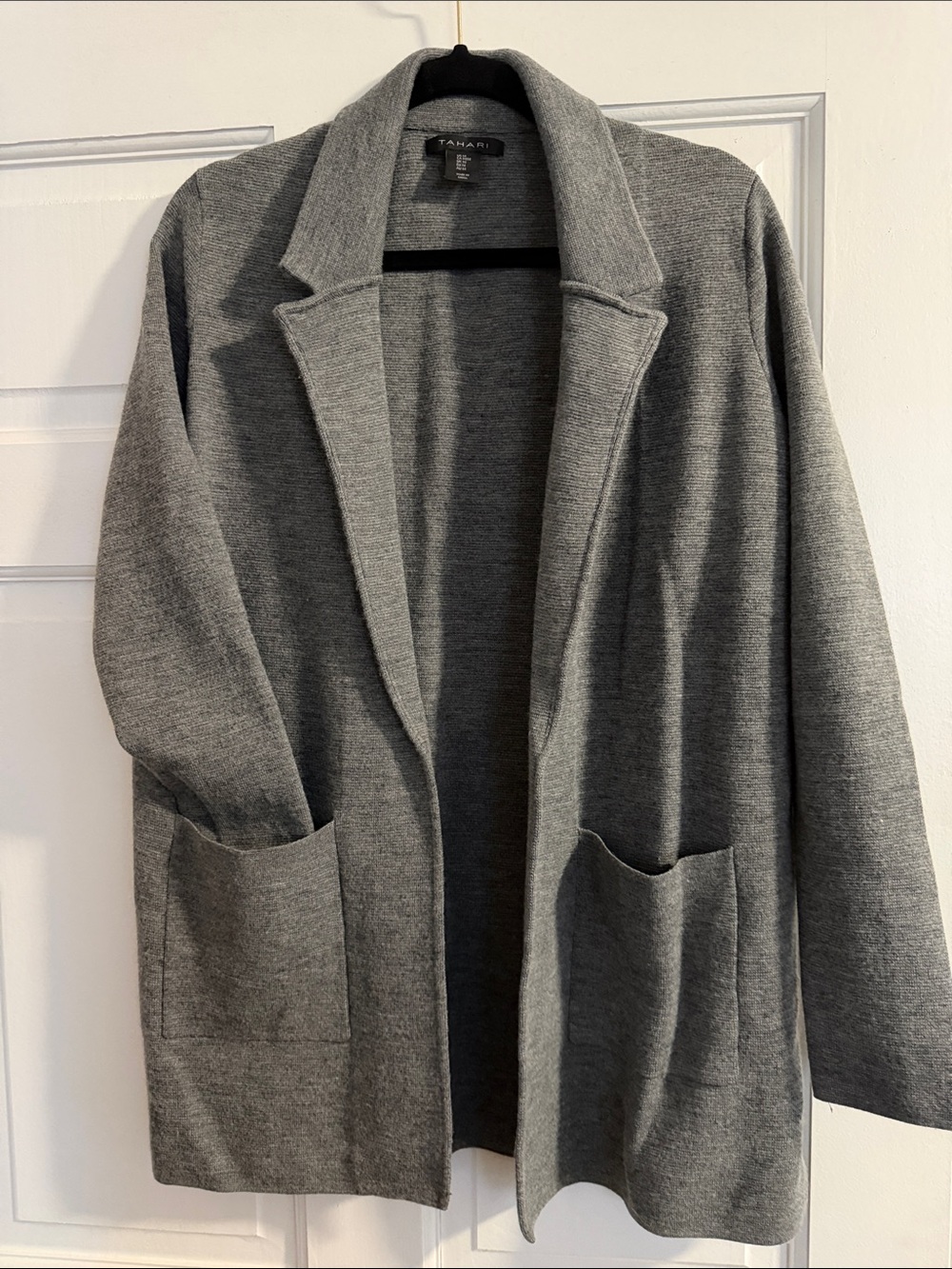 Tahari Open-Front Merino Wool Blend Blazer with Patch Pockets - Charcoal Grey